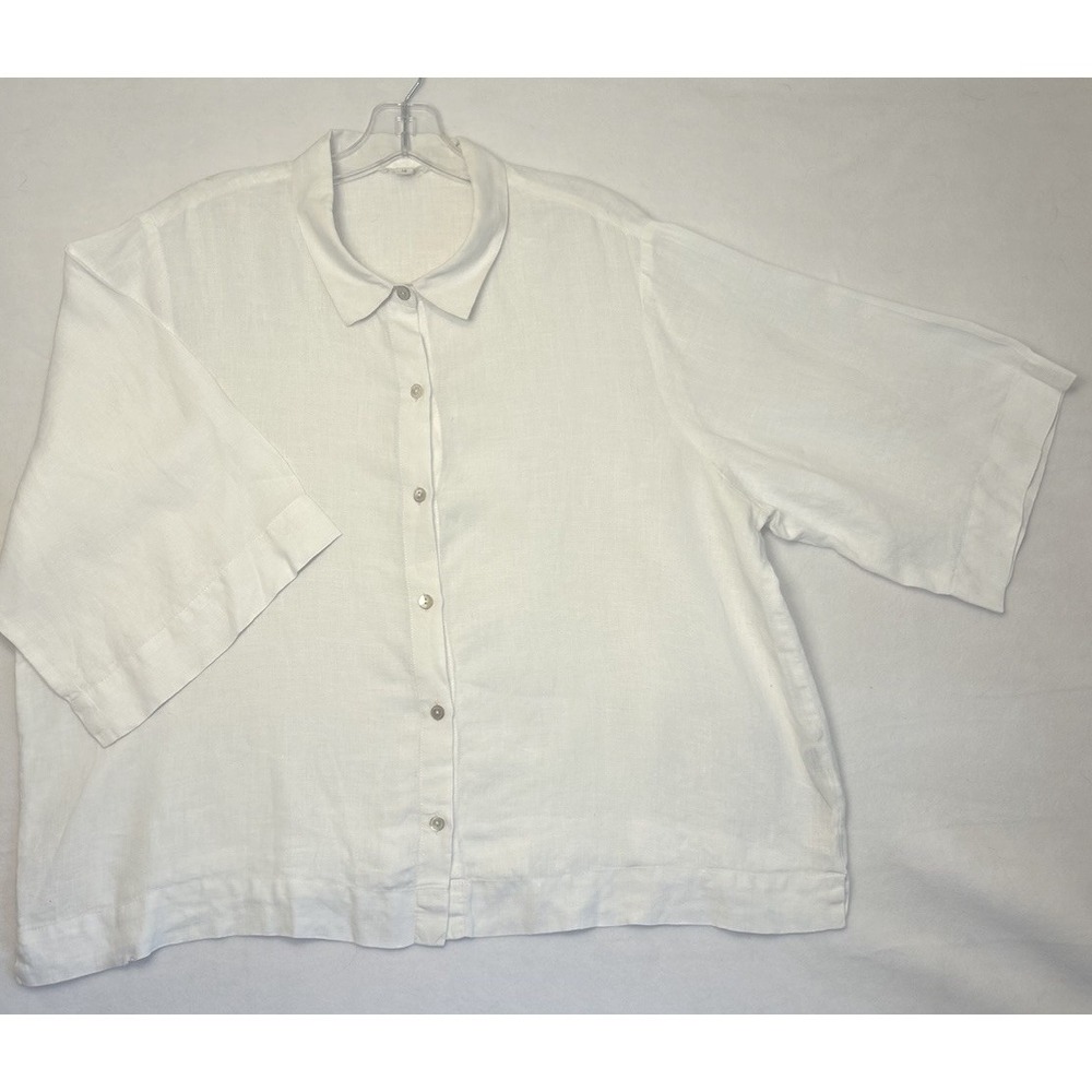 Eileen Fisher Organic Linen Top L White Button Up Collared Short Sleeve Boxy Fit